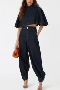Willluxe® Modern Denim Capelet & High-Waist Tapered Pants Two-Piece Set