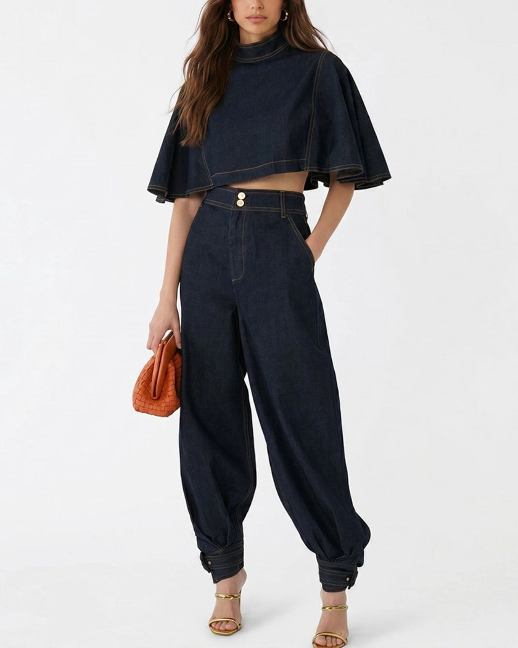 Willluxe® Modern Denim Capelet & High-Waist Tapered Pants Two-Piece Set