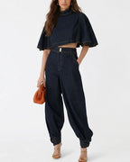Willluxe® Modern Denim Capelet & High-Waist Tapered Pants Two-Piece Set