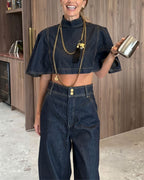 Willluxe® Modern Denim Capelet & High-Waist Tapered Pants Two-Piece Set