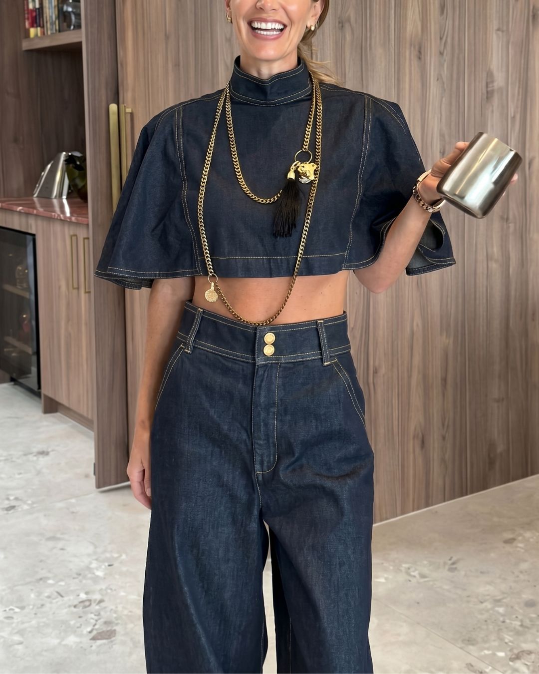 Willluxe® Modern Denim Capelet & High-Waist Tapered Pants Two-Piece Set