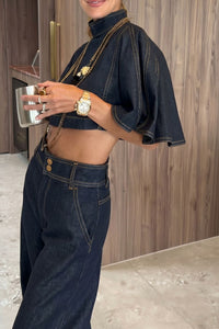 Willluxe® Modern Denim Capelet & High-Waist Tapered Pants Two-Piece Set
