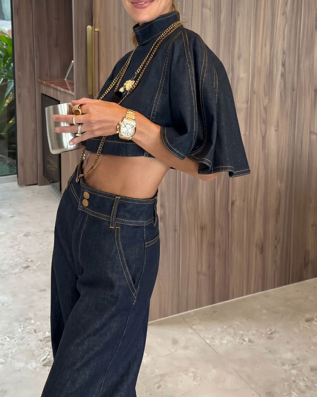 Willluxe® Modern Denim Capelet & High-Waist Tapered Pants Two-Piece Set