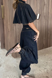 Willluxe® Modern Denim Capelet & High-Waist Tapered Pants Two-Piece Set