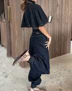 Willluxe® Modern Denim Capelet & High-Waist Tapered Pants Two-Piece Set
