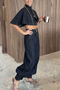 Willluxe® Modern Denim Capelet & High-Waist Tapered Pants Two-Piece Set