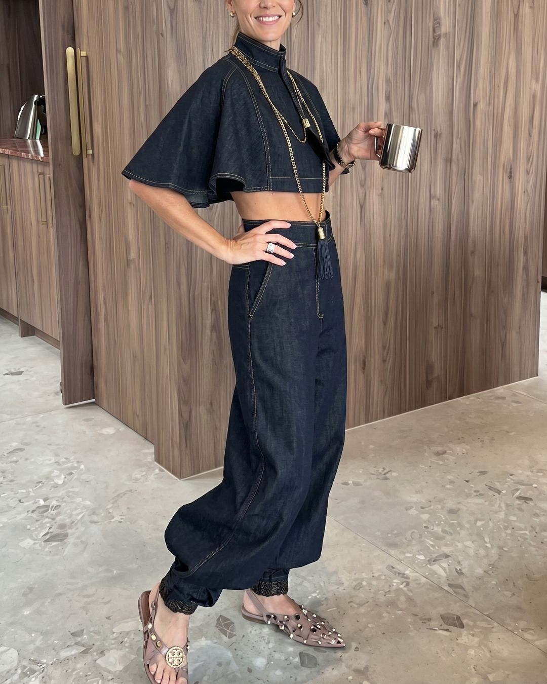 Willluxe® Modern Denim Capelet & High-Waist Tapered Pants Two-Piece Set