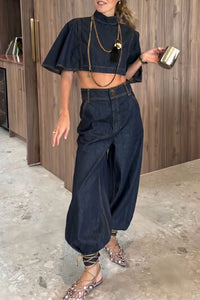 Willluxe® Modern Denim Capelet & High-Waist Tapered Pants Two-Piece Set