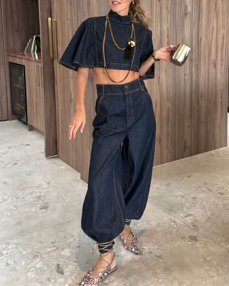 Willluxe® Modern Denim Capelet & High-Waist Tapered Pants Two-Piece Set