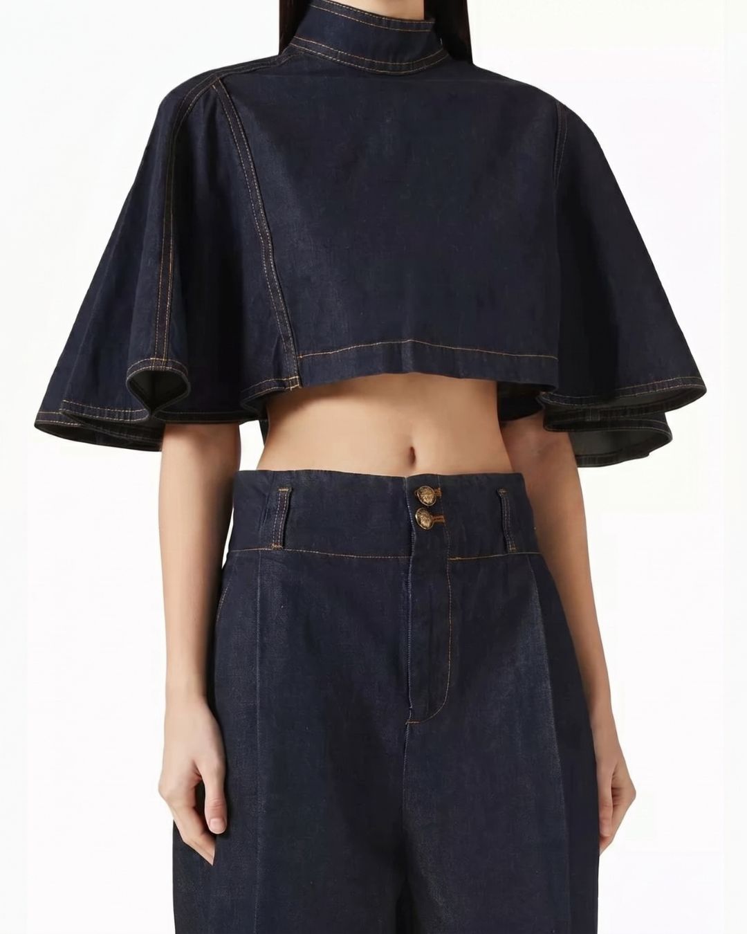 Willluxe® Modern Denim Capelet & High-Waist Tapered Pants Two-Piece Set