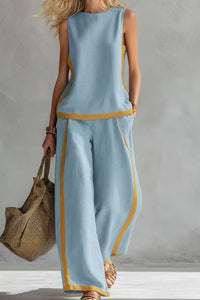 Willluxe® Sleeveless Contrast Trim Top Wide Leg Pants Set Breezy Summer Outfit