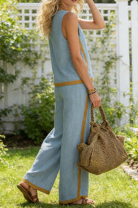 Willluxe® Sleeveless Contrast Trim Top Wide Leg Pants Set Breezy Summer Outfit