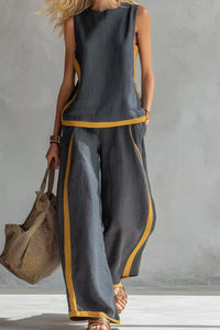 Willluxe® Sleeveless Contrast Trim Top Wide Leg Pants Set Breezy Summer Outfit