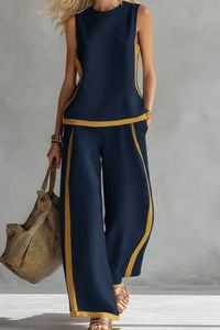 Willluxe® Sleeveless Contrast Trim Top Wide Leg Pants Set Breezy Summer Outfit