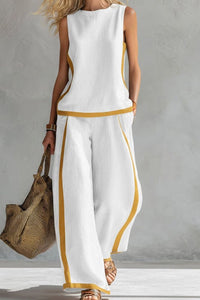 Willluxe® Sleeveless Contrast Trim Top Wide Leg Pants Set Breezy Summer Outfit