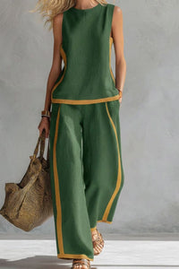 Willluxe® Sleeveless Contrast Trim Top Wide Leg Pants Set Breezy Summer Outfit