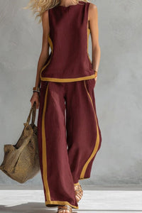Willluxe® Sleeveless Contrast Trim Top Wide Leg Pants Set Breezy Summer Outfit