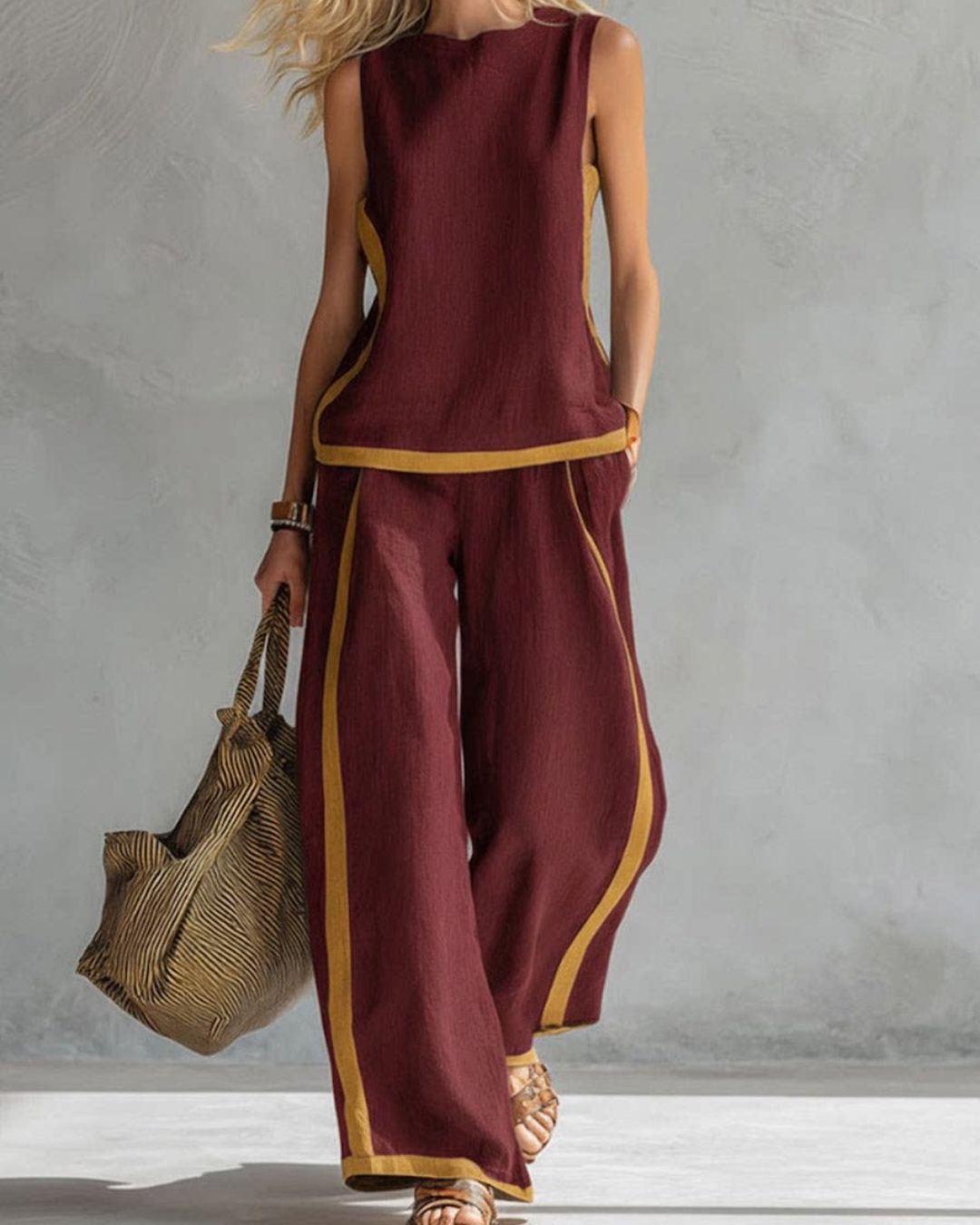 Willluxe® Sleeveless Contrast Trim Top Wide Leg Pants Set Breezy Summer Outfit