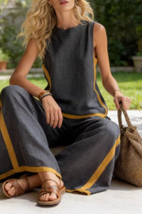 Willluxe® Sleeveless Contrast Trim Top Wide Leg Pants Set Breezy Summer Outfit
