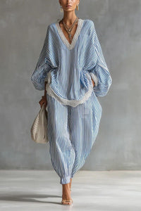 Willluxe® Striped Lace Trim Oversized Two-Piece Set Boho Coastal Chic Outfit