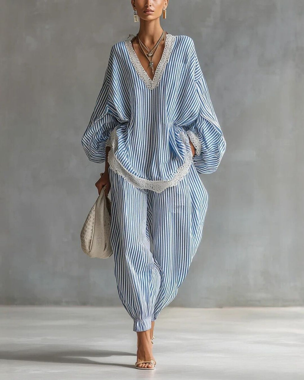 Willluxe® Striped Lace Trim Oversized Two-Piece Set Boho Coastal Chic Outfit