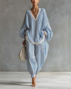 Willluxe® Striped Lace Trim Oversized Two-Piece Set Boho Coastal Chic Outfit