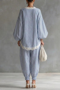 Willluxe® Striped Lace Trim Oversized Two-Piece Set Boho Coastal Chic Outfit