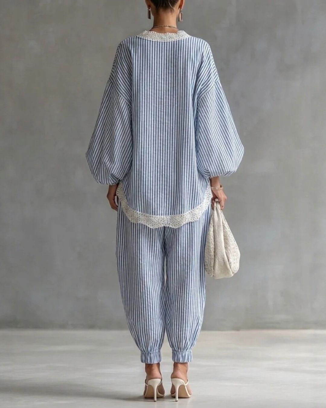 Willluxe® Striped Lace Trim Oversized Two-Piece Set Boho Coastal Chic Outfit