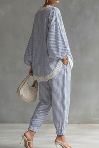 Willluxe® Striped Lace Trim Oversized Two-Piece Set Boho Coastal Chic Outfit