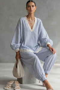 Willluxe® Striped Lace Trim Oversized Two-Piece Set Boho Coastal Chic Outfit
