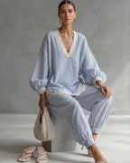Willluxe® Striped Lace Trim Oversized Two-Piece Set Boho Coastal Chic Outfit