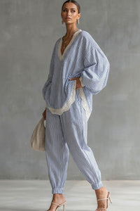 Willluxe® Striped Lace Trim Oversized Two-Piece Set Boho Coastal Chic Outfit