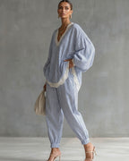 Willluxe® Striped Lace Trim Oversized Two-Piece Set Boho Coastal Chic Outfit