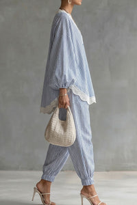 Willluxe® Striped Lace Trim Oversized Two-Piece Set Boho Coastal Chic Outfit
