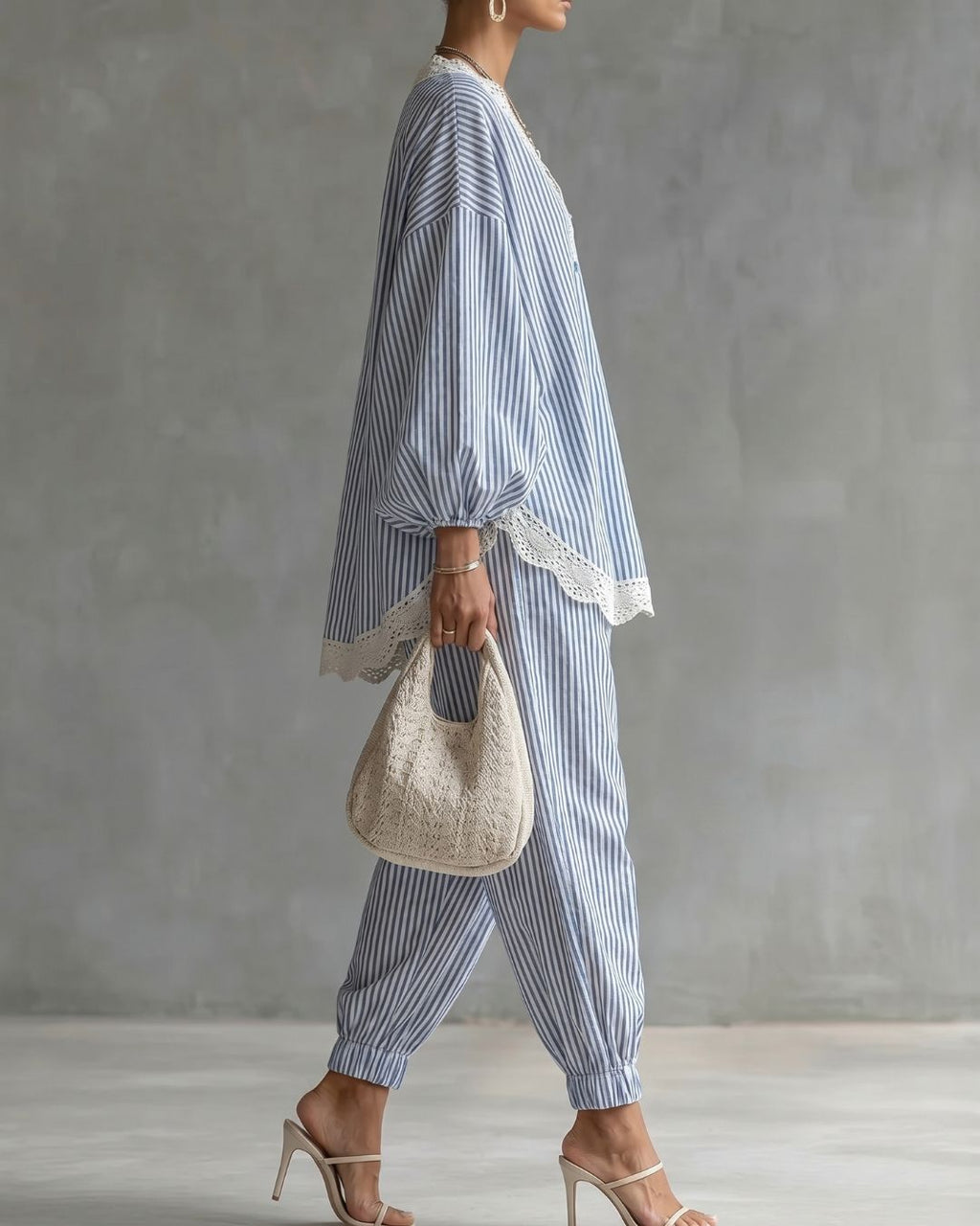 Willluxe® Striped Lace Trim Oversized Two-Piece Set Boho Coastal Chic Outfit