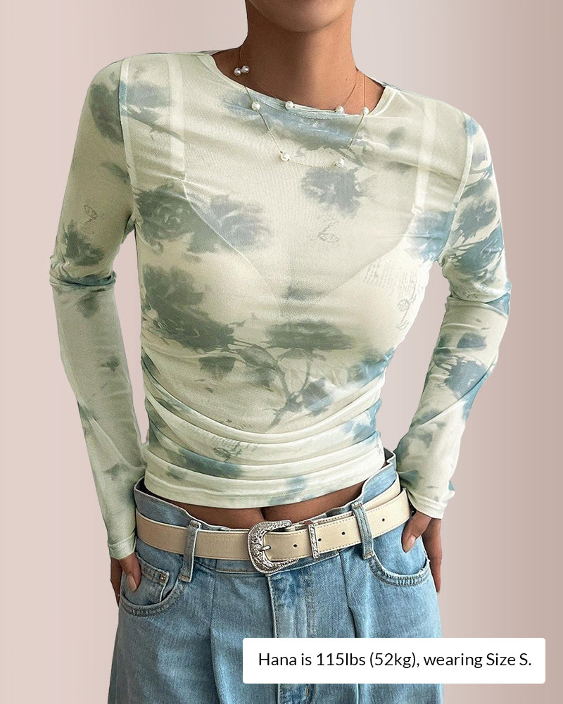 Willluxe® Y2K Sheer Floral Mesh Ruched Long Sleeve Crop Top