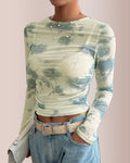 Willluxe® Y2K Sheer Floral Mesh Ruched Long Sleeve Crop Top
