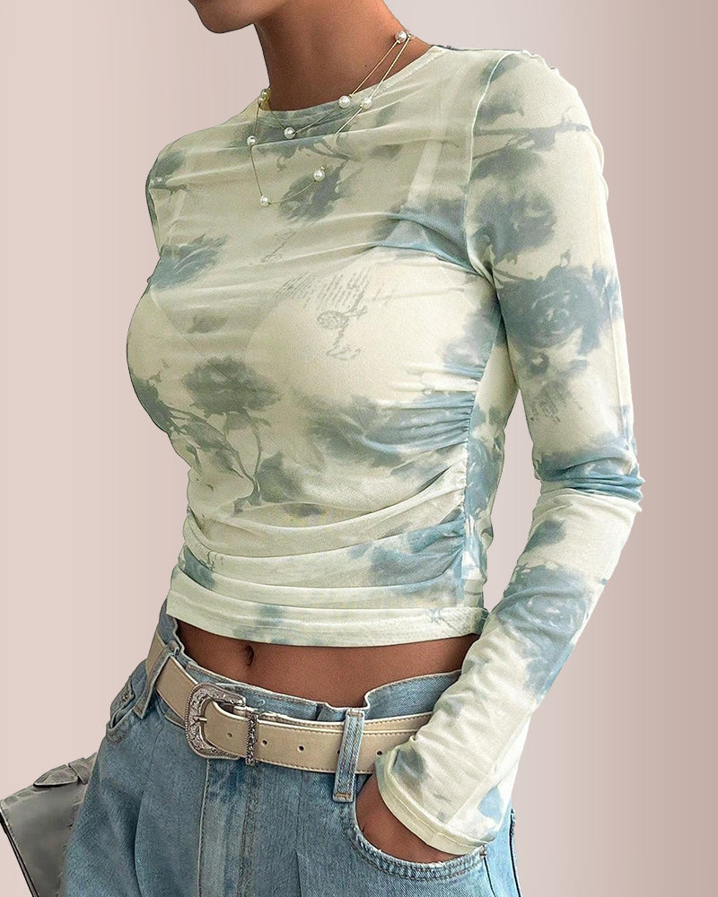 Willluxe® Y2K Sheer Floral Mesh Ruched Long Sleeve Crop Top