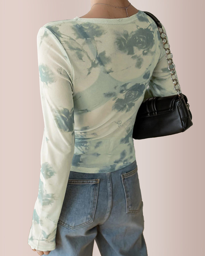Willluxe® Y2K Sheer Floral Mesh Ruched Long Sleeve Crop Top