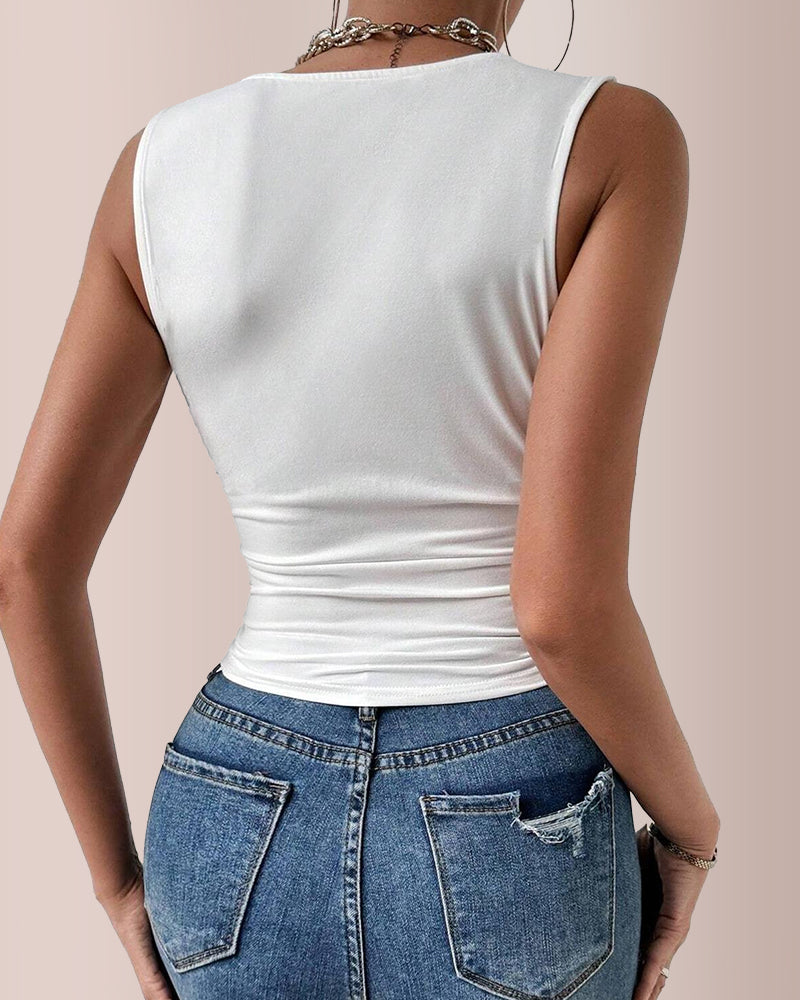 Willluxe® Ruched Ruffle Trim Sleeveless Top