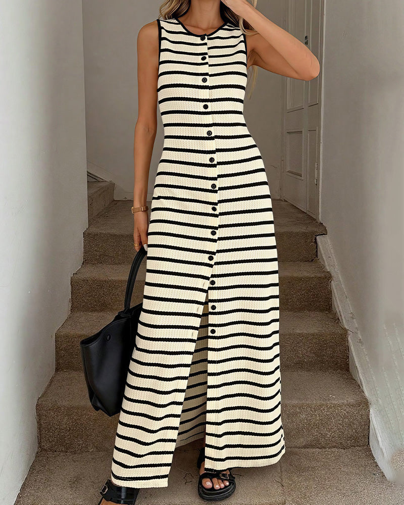 Willluxe® French Striped Sleeveless Knit Button-Down Maxi Dress