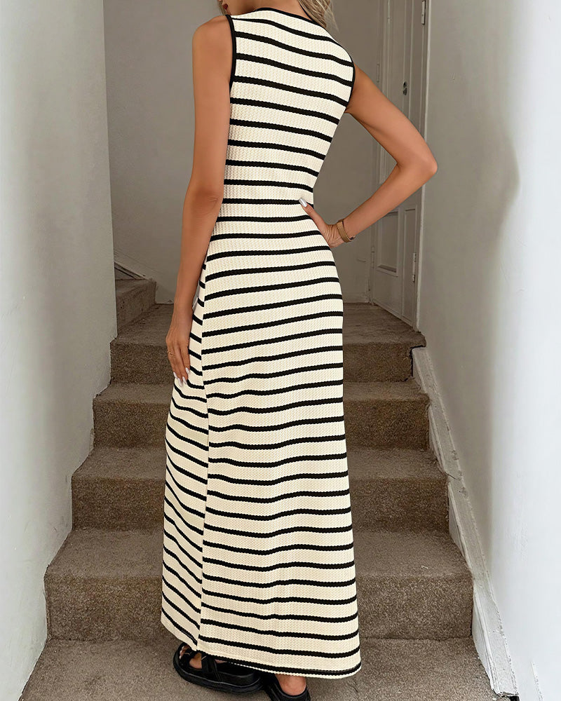 Willluxe® French Striped Sleeveless Knit Button-Down Maxi Dress