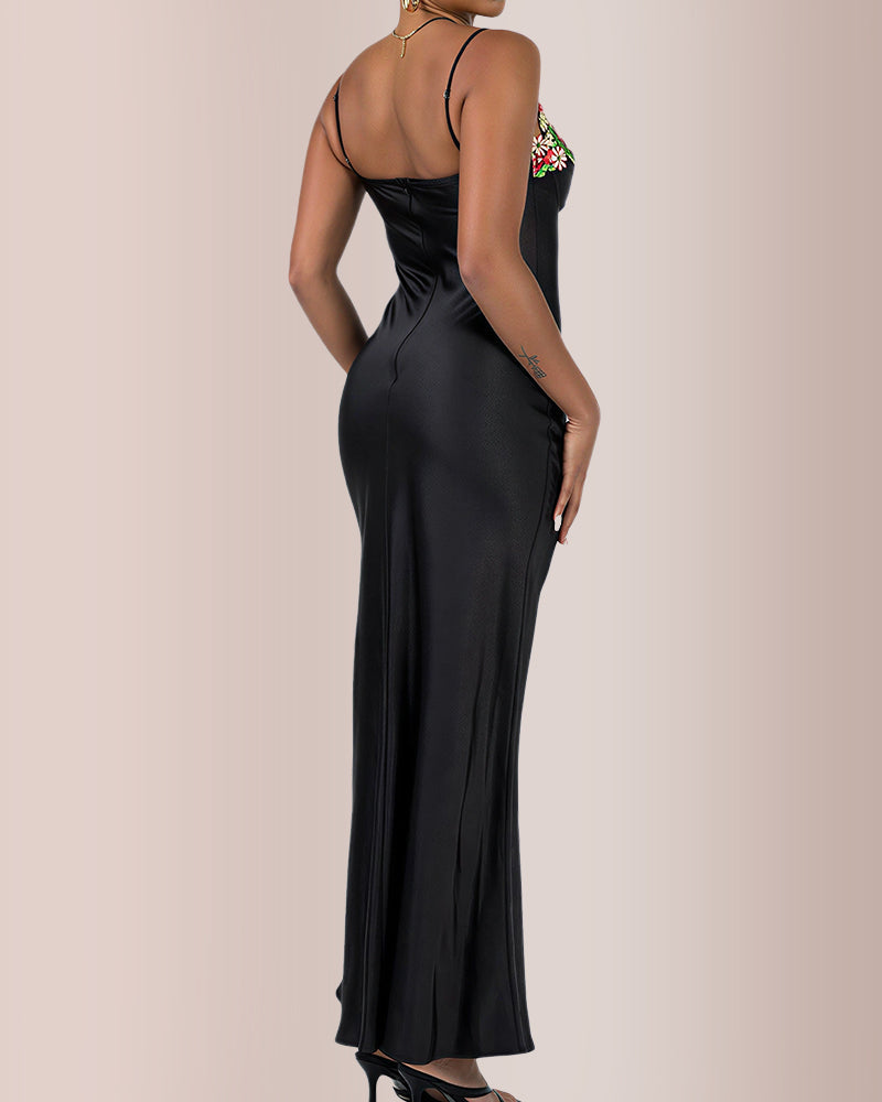Willluxe® Floral Embroidered Satin Slip Maxi Dress