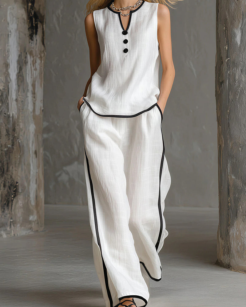 Willluxe® Contrast Edge Sleeveless V-Neck Top & Wide-Leg Pants Set
