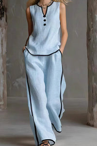 Willluxe® Contrast Edge Sleeveless V-Neck Top & Wide-Leg Pants Set
