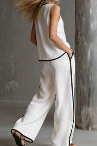 Willluxe® Contrast Edge Sleeveless V-Neck Top & Wide-Leg Pants Set