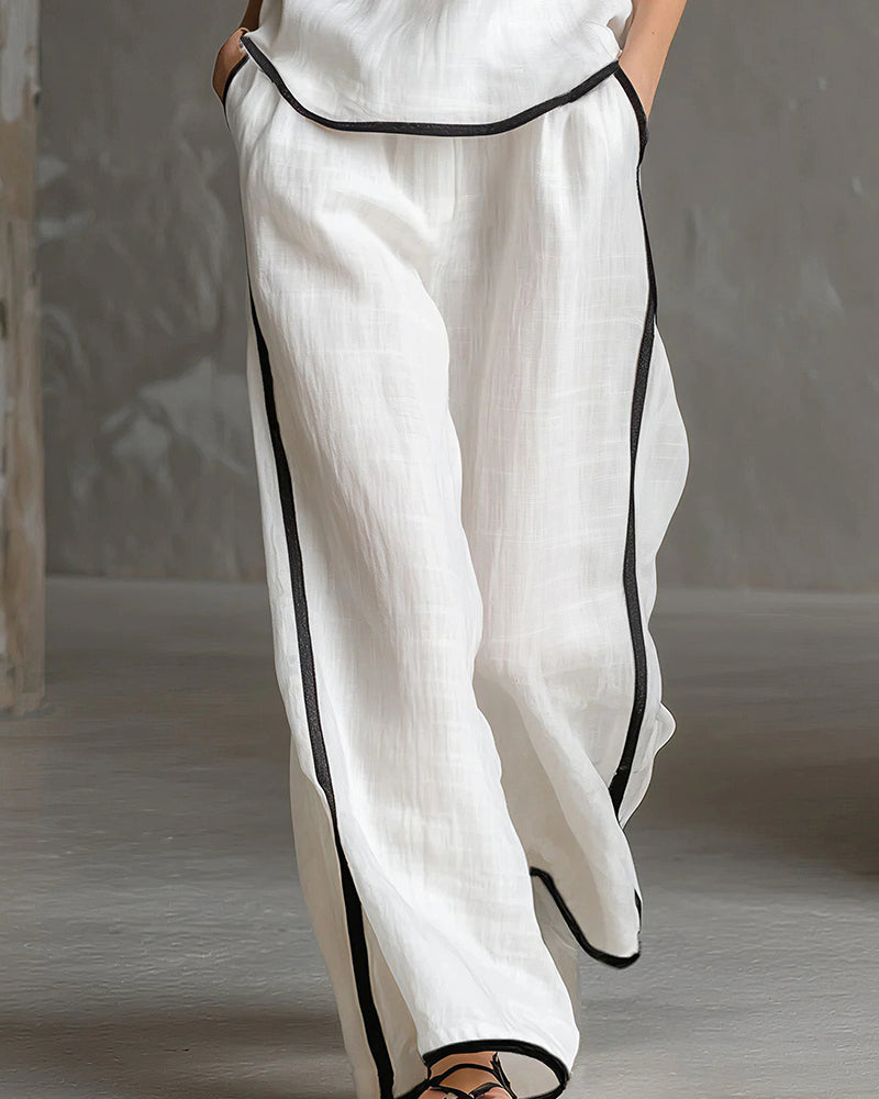 Willluxe® Contrast Edge Sleeveless V-Neck Top & Wide-Leg Pants Set