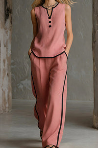 Willluxe® Contrast Edge Sleeveless V-Neck Top & Wide-Leg Pants Set