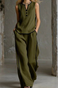 Willluxe® Contrast Edge Sleeveless V-Neck Top & Wide-Leg Pants Set