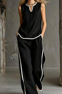 Willluxe® Contrast Edge Sleeveless V-Neck Top & Wide-Leg Pants Set